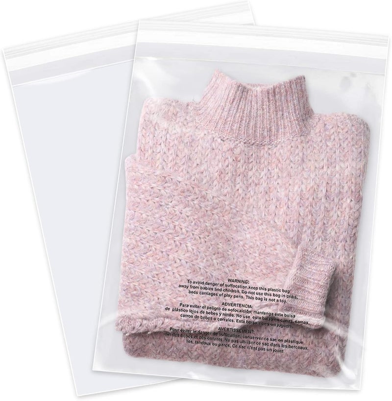 WEPOLY 12" x 15" (200 Count) Self Seal Clear Poly Bags with Suffocation Warning for Packaging, Shipping, Clothing, Shirts & FBA - Resealable Adhesive - Image 1